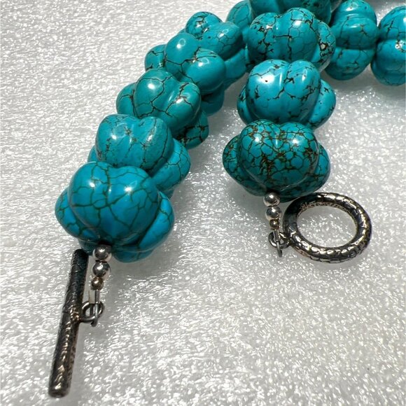 Carved Turquoise Melon Bead Necklace 17.5mm Sterling Silver Toggle Clasp 17" 197 - Picture 6 of 11